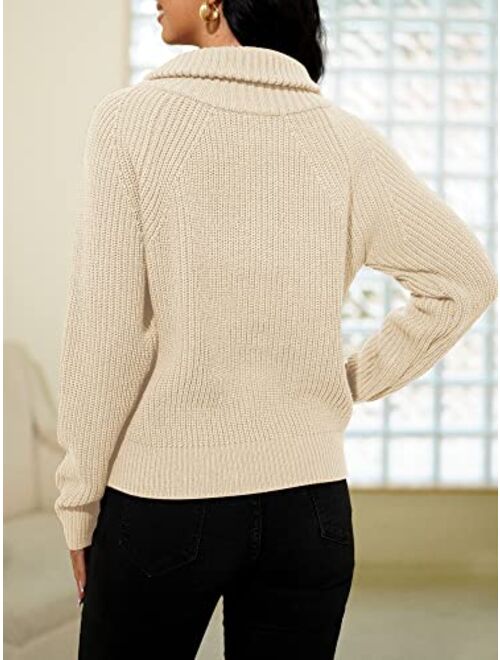 ZAFUL Women's Long Sleeve Half Zipper Sweaters Casual Solid V Neck Loose Ribbed Knit Pullover Tops