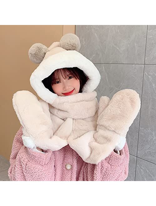 Generic Fashion Plush Hooded Scarf for Women Cute Scarves Winter Outdoor Warm Scarf with Gloves Cartoon Animal (Green, One Size)