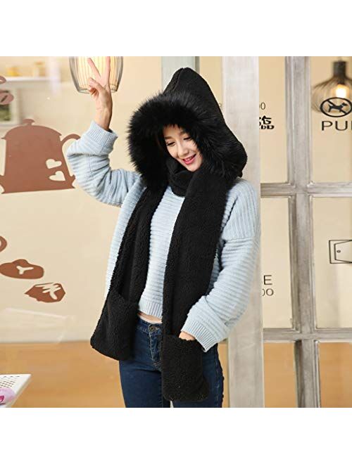 Generic Elegant Wraps Women Three in One Plush Thick Warm Hooded Cap Earflap Hat Long Scarf Gloves Set (1-Black, One Size)