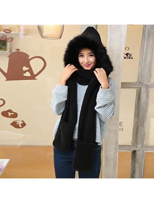 Generic Elegant Wraps Women Three in One Plush Thick Warm Hooded Cap Earflap Hat Long Scarf Gloves Set (1-Black, One Size)