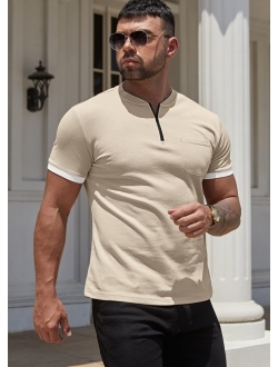 NITAGUT Men's Slim Fit Shirt Short Sleeve Collarless Quarter Zip Cotton Polo Shirt