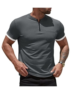NITAGUT Men's Slim Fit Shirt Short Sleeve Collarless Quarter Zip Cotton Polo Shirt