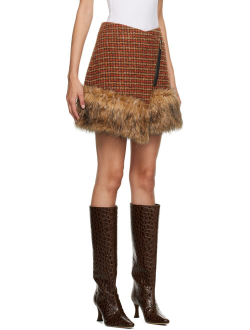 ANDERSSON BELL Orange & Brown Check Faux-Fur Miniskirt
