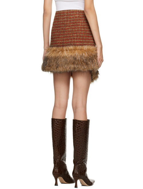 ANDERSSON BELL Orange & Brown Check Faux-Fur Miniskirt
