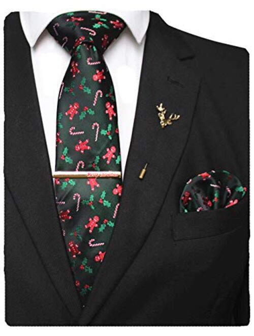 JEMYGINS Festival Christmas Tie and Pocket Square with Tie Clip and lapel pin Set