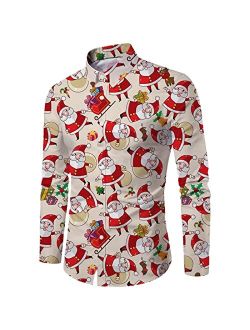 Generic Men's Winter Christmas Cartoon Santa Gift Printed Shirt Lapel Long Sleeve Fit Party Gown Bottoming Foam Slip