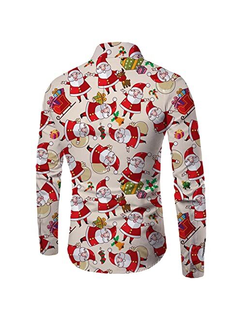 Generic Men's Winter Christmas Cartoon Santa Gift Printed Shirt Lapel Long Sleeve Fit Party Gown Bottoming Foam Slip