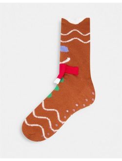 Slipper sock with gingerbread design