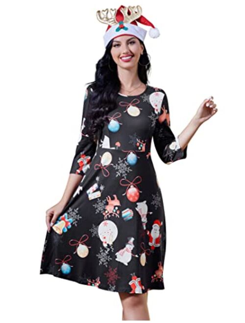 KoJooin Women's Ugly Christmas Printed Dress Round Neck 3/4 Sleeve Xmas Vintage Party Dresses Holiday Clothes