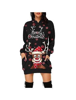 Ymuqeigh Womens Christmas Dresses Elk Print Sweatshirt Dresses Casual Long Sleece Hoodie Dress Holiday Xmas Dress with Pocket