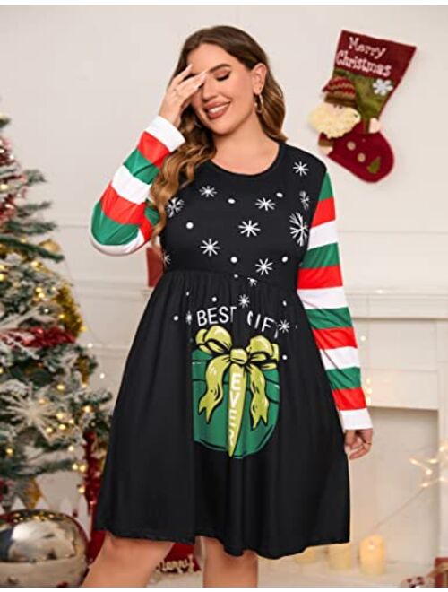 KOJOOIN Women's Plus Size Christmas Dress Ugly Christmas Long Sleeve Party Dresse