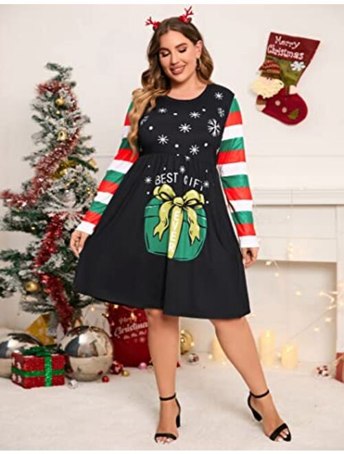 KOJOOIN Women's Plus Size Christmas Dress Ugly Christmas Long Sleeve Party Dresse