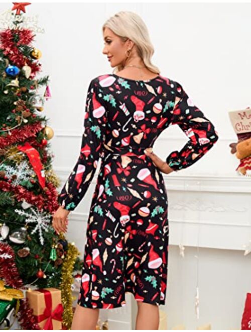 MISSKY Women's Cross V-Neck Slim Knee Length Swing Elegant Casual Christmas Printed Dress