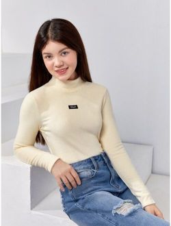 Teen Girls Letter Patched Mock Neck Tee