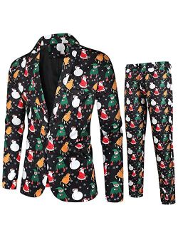 Generic Men's Slim Fit 2 Piece Christmas Suit One Button Xmas Snowman Printed Business Wedding Prom Tuxedo Blazer Pants Set