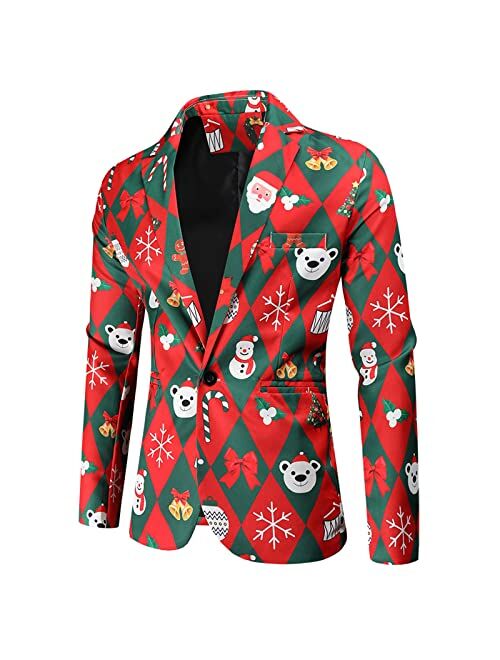 Borniu Men's 3 Piece Slim Fit Suit Set Ugly Christmas Snowflake Print One Button Tuxedo Holiday Party Blazer Jacket Vest Pants