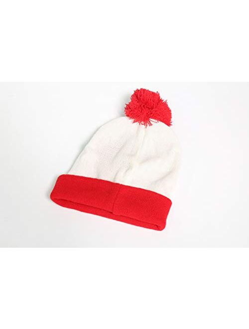 SSLR-Big-Kids-Halloween-Beanie-Hat-Red White Pom Pom Cuff Knit Christmas Hat