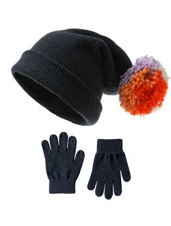 Saniripple WinterHat&GlovesSetforKidsKnittedWarmBeanieHatwithPomPom-SoftandThickHats&GlovesSetforGirlsBoys