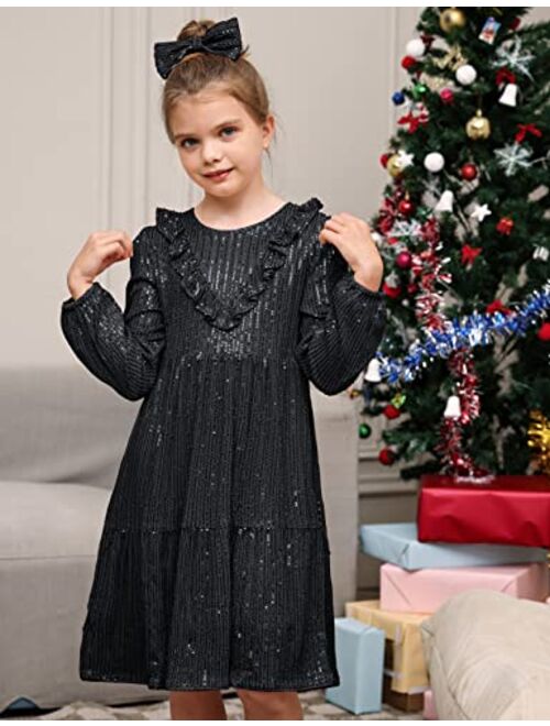 GRACE KARIN Girls A-Line Sequin Dress Long Sleeves Girls Party Dress with Hair Bow