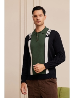 Men's Polo Vintage Stripe Sweater Slim Fit Button Pullover Sweater