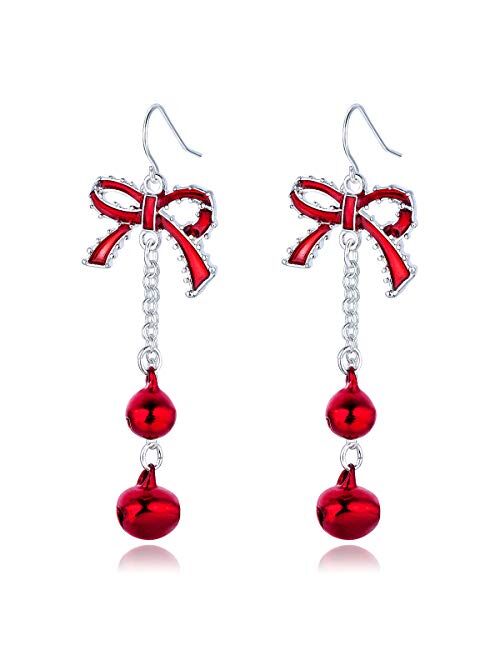 Rarelove Lightweight Christmas Red Bow Knot Piercing Dangle Earrings Jingle Tassels Silver Plated Women Girls Holiday Gift
