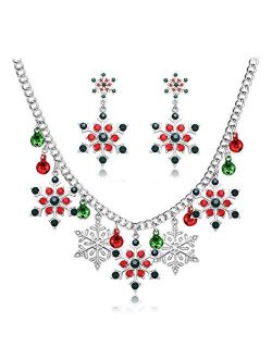 NLCAC Christmas Necklace Colorful Sparkly Rhinestone Pearl Snowflake Charm Collar Necklace Earrings Set Novelty Santa Jewelry for Women Girls