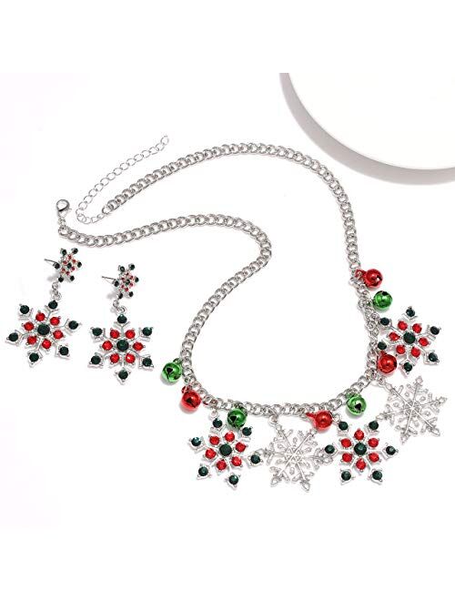 NLCAC Christmas Necklace Colorful Sparkly Rhinestone Pearl Snowflake Charm Collar Necklace Earrings Set Novelty Santa Jewelry for Women Girls