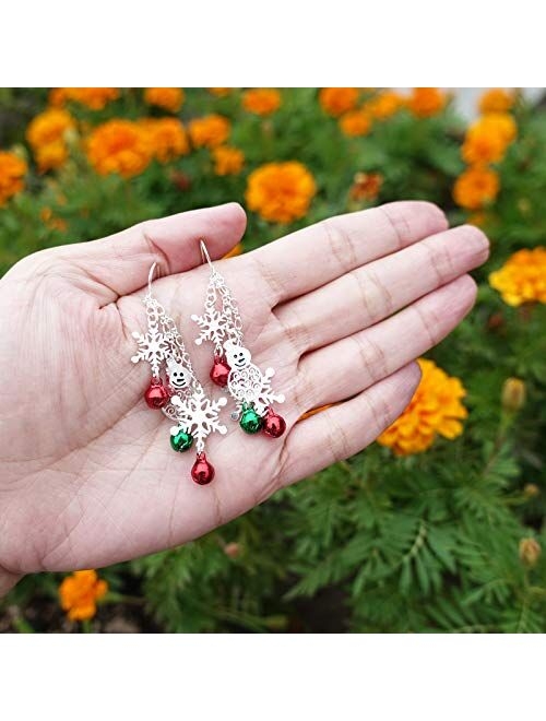 RareLove Three Layered Christmas Ring Bell Piercing Dangle Earrings Snowman Snowflake Silver Plated Alloy Holiday Jewelry For Women Girls