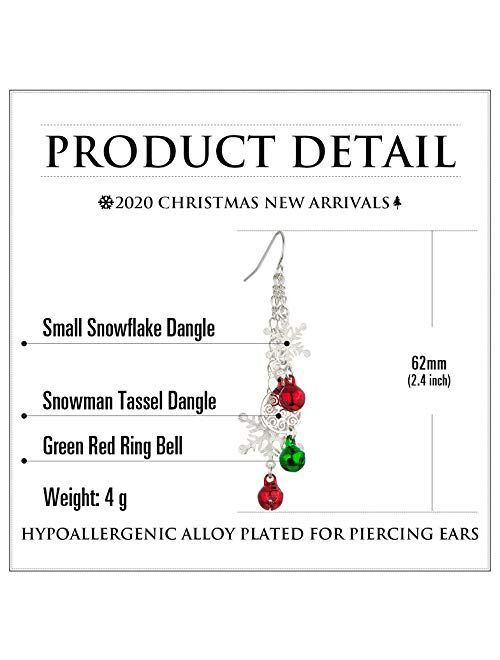 RareLove Three Layered Christmas Ring Bell Piercing Dangle Earrings Snowman Snowflake Silver Plated Alloy Holiday Jewelry For Women Girls