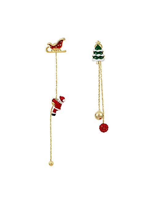 Kokoma Gold Plated Snowflake Santa Claus Threader Tassel Earrings for Women Girls Sterling Silver Pins Red Crystal Cubic Zriconia Sock Christmas Hat Dangle Drop Christmas