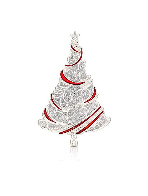 RareLove Vintage Red with Silver Christmas Tree Xmas Pins and Brooches Silver Plated Alloy Holiday Jewelry for Women Girls