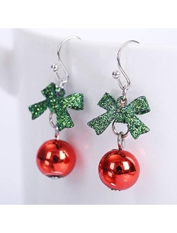 Newzenro Ribbon Bowknot Cute Festive Red Green Ball Ornament Dangle Drop Earrings for Women Teen Girls Fish Hook Dangling Hypoallergenic Christmas Festival Party Jewelry 