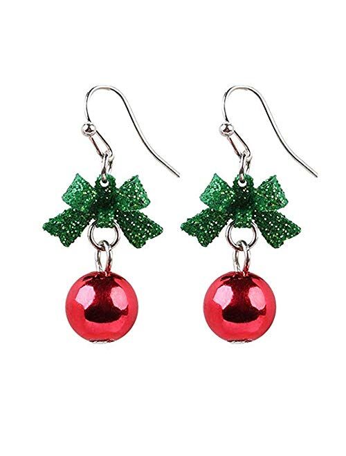 Newzenro Ribbon Bowknot Cute Festive Red Green Ball Ornament Dangle Drop Earrings for Women Teen Girls Fish Hook Dangling Hypoallergenic Christmas Festival Party Jewelry 