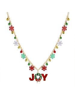 Boderier Christmas Snowflake Necklace Long Glitter Snowflake Beaded Charm Necklace Joy Pendant Xmas Holiday Festive Jewelry Necklace