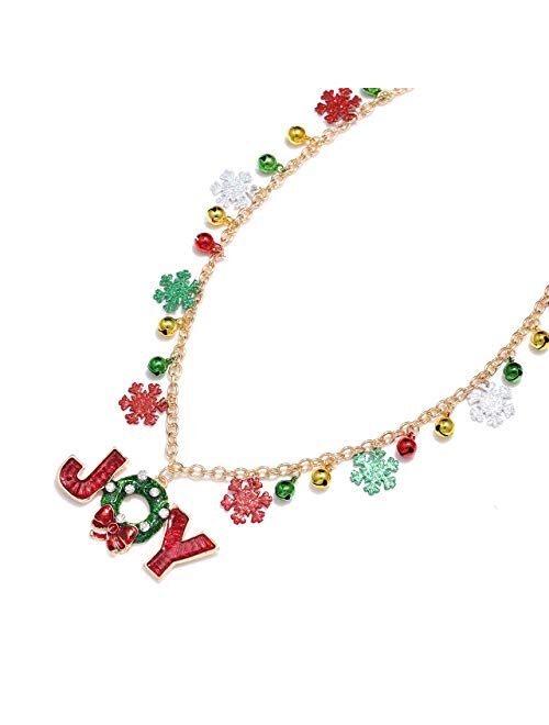Boderier Christmas Snowflake Necklace Long Glitter Snowflake Beaded Charm Necklace Joy Pendant Xmas Holiday Festive Jewelry Necklace