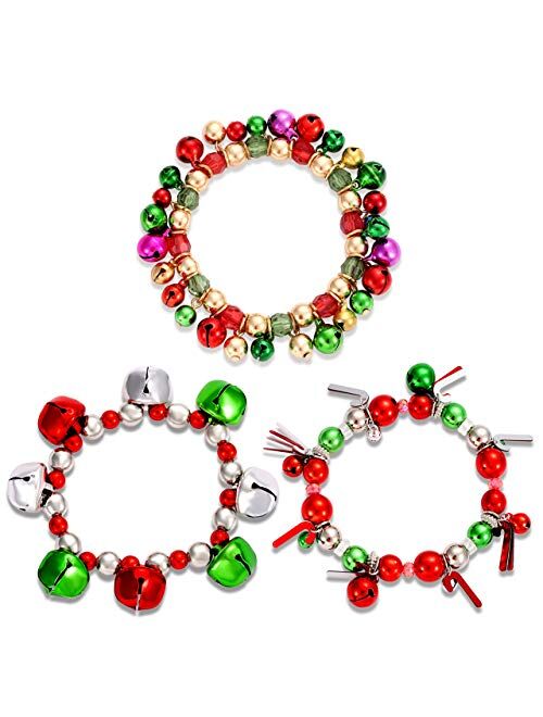 HEIDKRUEGER 3pcs Christmas Jingle Bell Bracelets Xmas Multi Color Stretch Beaded Charm Bracelet Gift Jewelry Christmas Stocking Stuffers Holiday Party Favors For Women Gi
