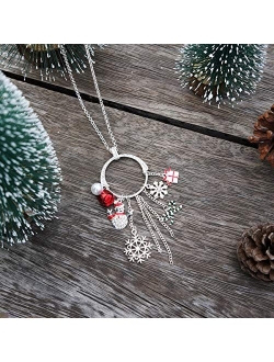 Rarelove Cute Christmas Sweater Long Tassel Circle Pendant Necklace For Women Silver Plated CZ Crystal Rhinestone Jingle Bell Snowflake Snowman Bow Holiday For Her