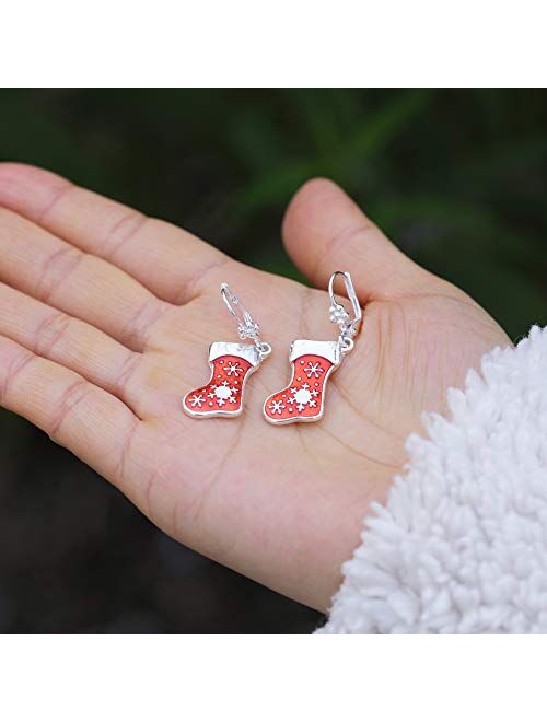 RareLove Cute Christmas Red Stocking with Snowflake Piercing Dangle Hoop Tiny Earrings Flower Clip Silver Plated Alloy Holiday Jewelry For Women Girls