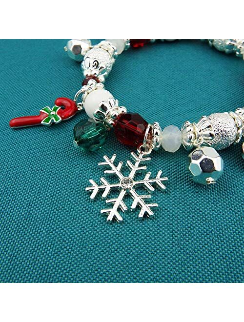 RareLove Christmas Snowflake Charm Beaded Bracelet Stretch Strand Elastic Crystal Silver Tone Dangle Xmas Tree Reindeer Women Girls