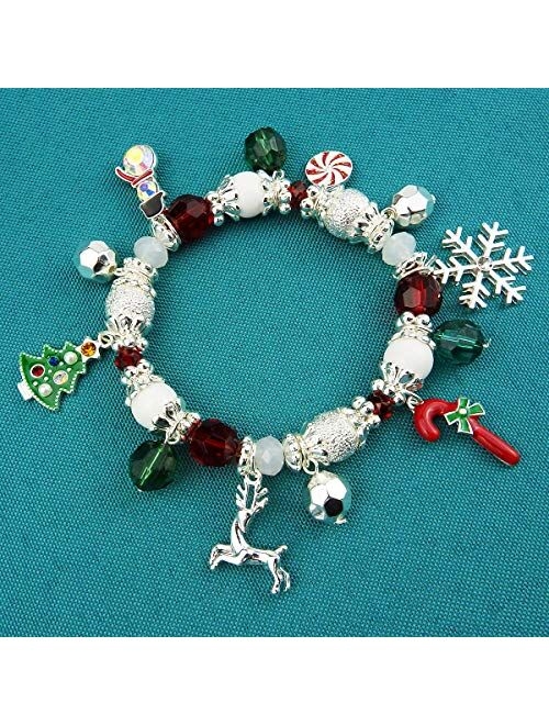RareLove Christmas Snowflake Charm Beaded Bracelet Stretch Strand Elastic Crystal Silver Tone Dangle Xmas Tree Reindeer Women Girls