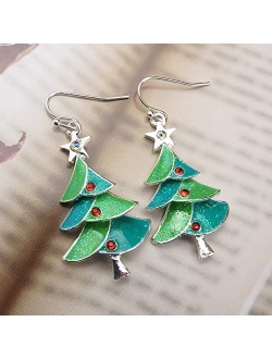 RareLove Green Christmas Tree with Star Red Rhinestone Pierced Dangle Earrings CZ Crystal Silver Plated Alloy Holiday For Women Girls