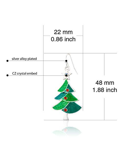 RareLove Green Christmas Tree with Star Red Rhinestone Pierced Dangle Earrings CZ Crystal Silver Plated Alloy Holiday For Women Girls