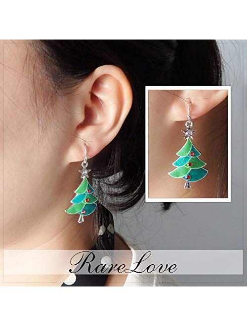 RareLove Green Christmas Tree with Star Red Rhinestone Pierced Dangle Earrings CZ Crystal Silver Plated Alloy Holiday For Women Girls