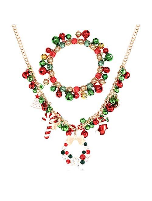 Faerliiry Christmas Jingle Bell Necklace Set X-mas Crystal Pendant Necklace Bell Beaded Earrings Festival Holiday Jewelry Set For Women Girls Kids