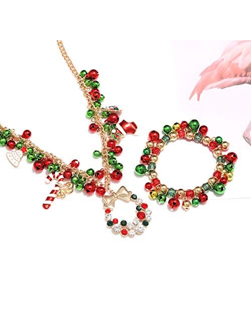 Faerliiry Christmas Jingle Bell Necklace Set X-mas Crystal Pendant Necklace Bell Beaded Earrings Festival Holiday Jewelry Set For Women Girls Kids