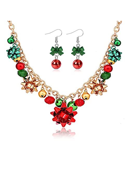 Roe Dolph Christmas Necklace Earrings Set for Women Jingle Bell Necklace Earrings Bow Pendant Neckalce Gliter X-mas Neckalce Earrings for Teen Girls Holiday Earrings Chri