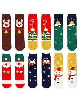 Marjunsep Kids Christmas Fuzzy Knee High Socks Gifts Toddler Calf Cozy Fluffy Plush Long Tall Boot Socks Stocking Stuffers 1-7 Years 6 Pairs