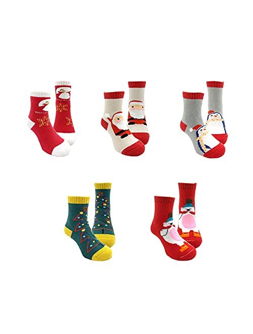 Gwenvenni 5 Pairs Children's Winter Warm Thick Christmas Crew Socks Kids Boys Girls Socks