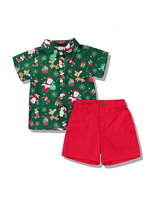 JEELLIGULAR Kids Toddler Baby Boy Christmas Clothes Santa Print Button Down Shirt Shorts Set Gentlemen Outfits