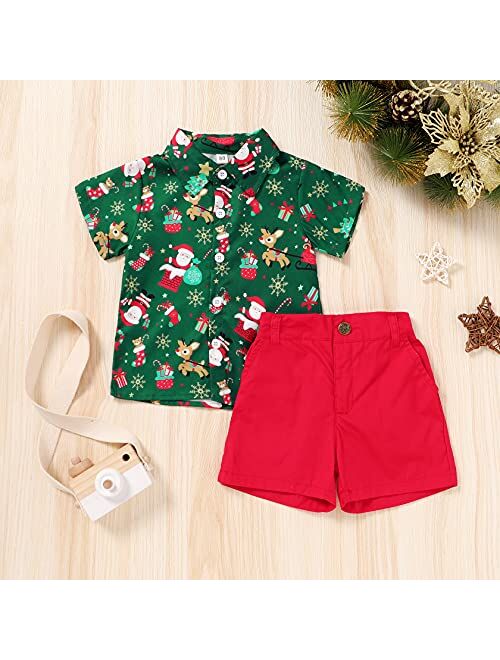 JEELLIGULAR Kids Toddler Baby Boy Christmas Clothes Santa Print Button Down Shirt Shorts Set Gentlemen Outfits